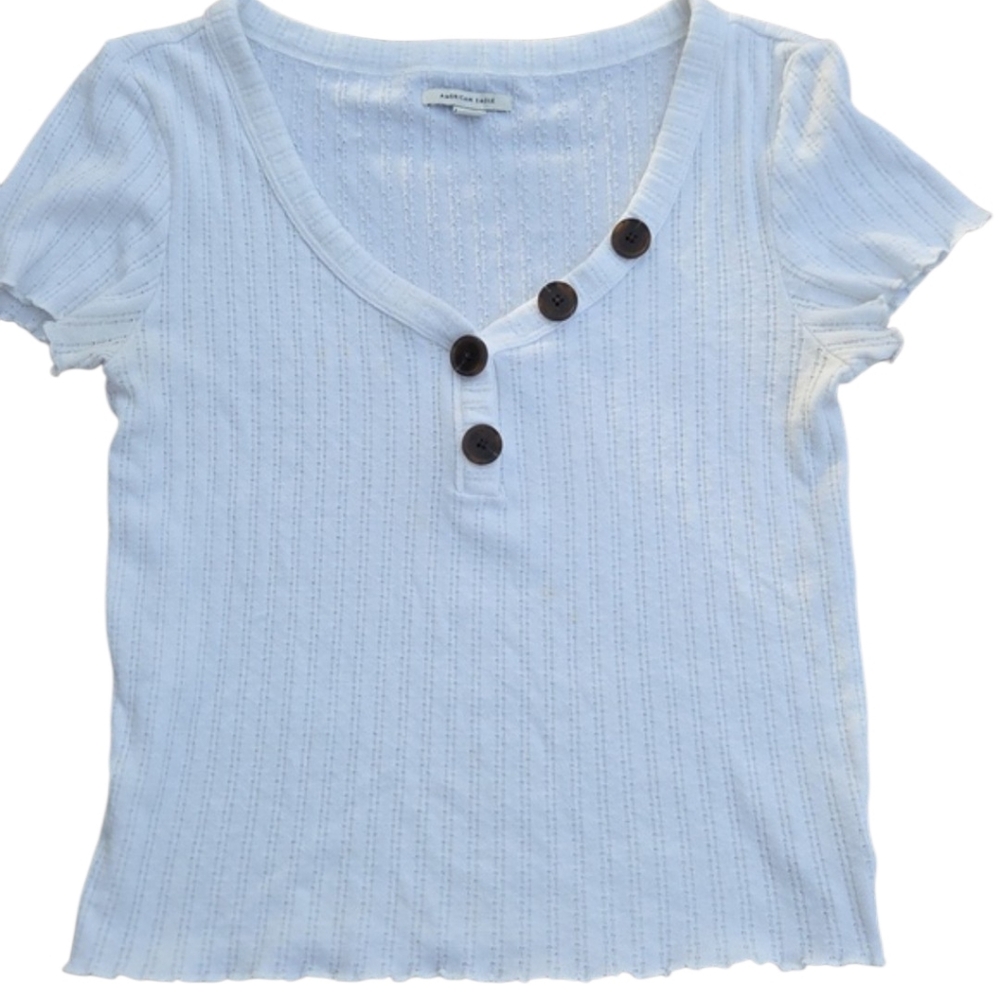 American Eagle White V Neck Shirt With Decorative Buttons Medium| Preppy Basic